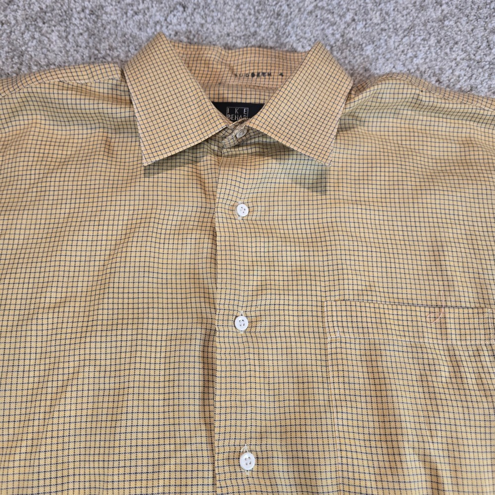 Ike Behar Mens 16.5 35 Dress Shirt Yellow Blue Micro Check Cotton Made in USA